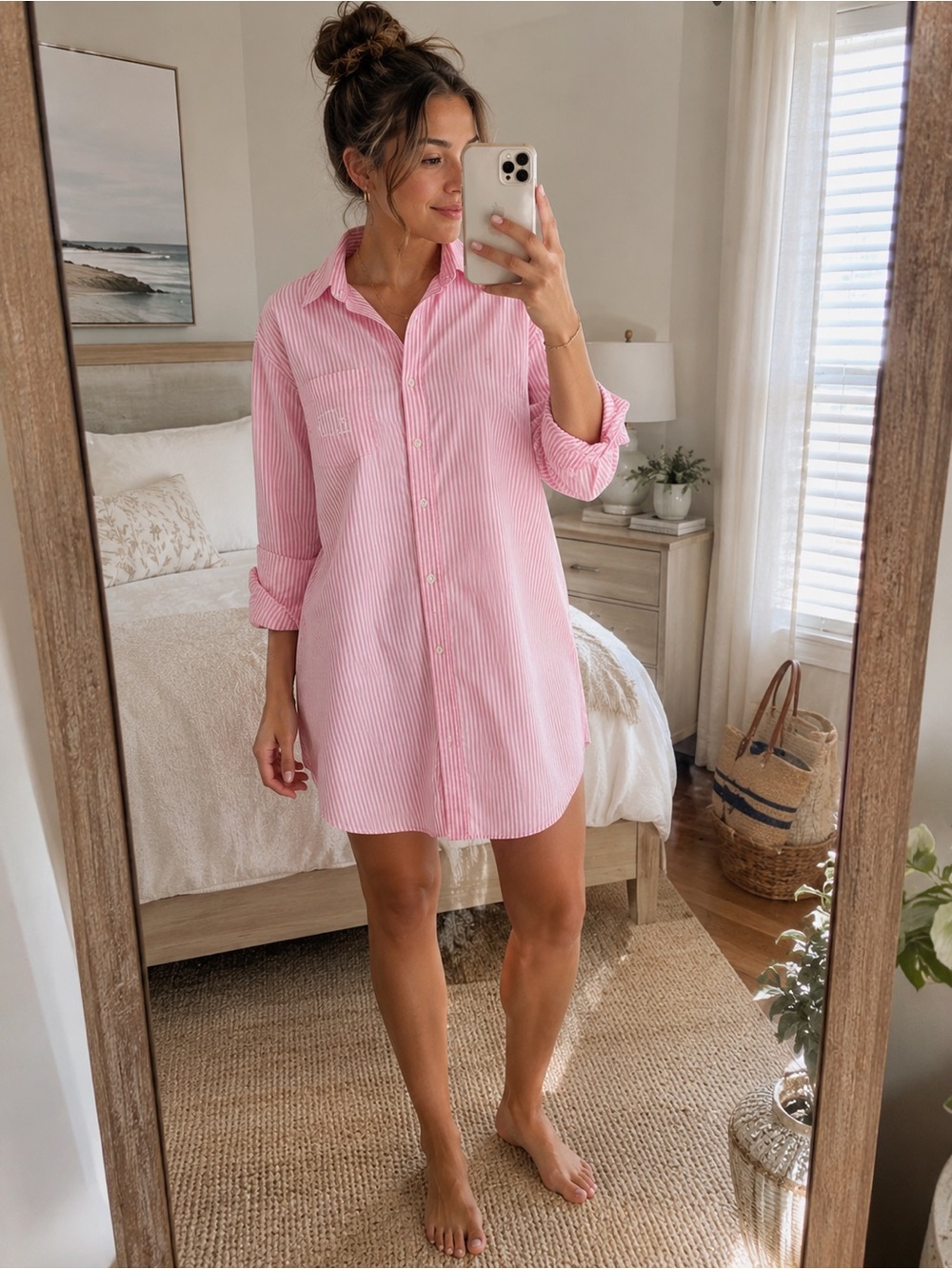 Lauren Ralph Lauren Pink White Stripe Cotton Shirt Dress Cover Up Sleep Shirt - Picture 2 of 10